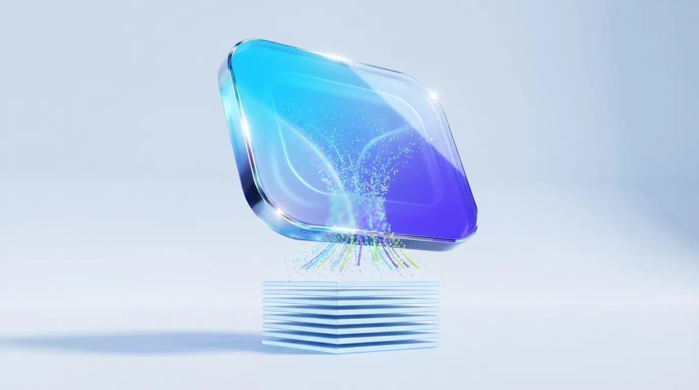 A glowing glass answer panel absorbing a dissolving stack of ten flat link rows