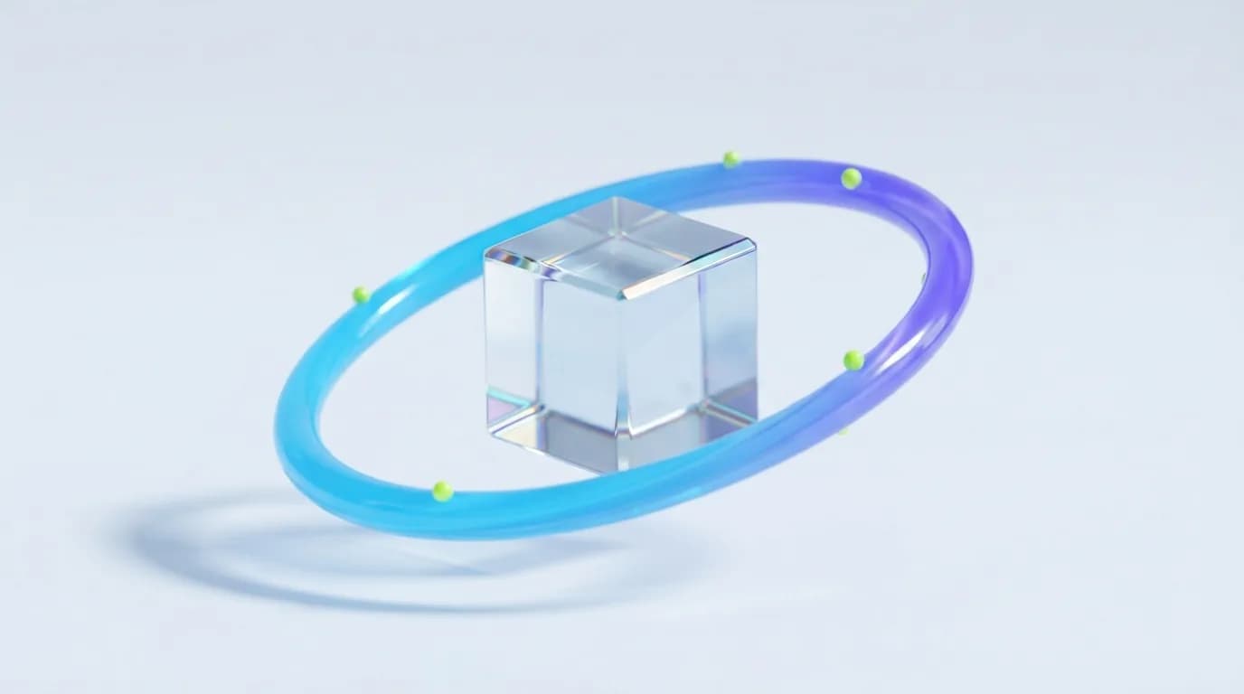 An iridescent ribbon looping continuously around a clear glass cube