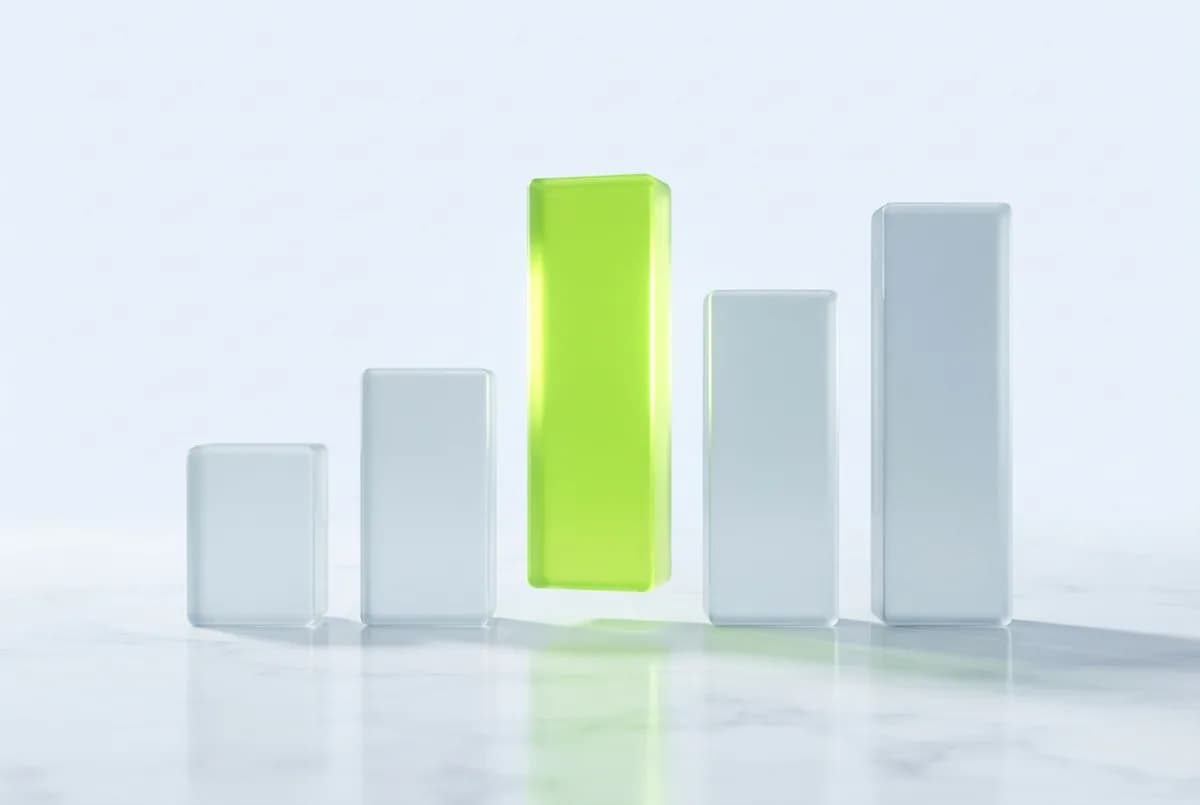 A row of frosted glass bars with one lime bar lit and lifted above the others