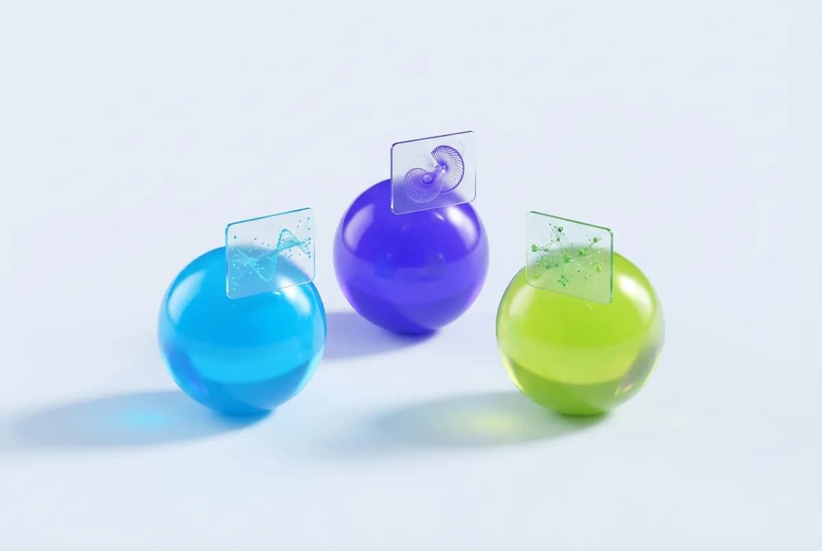Three glossy spheres in cyan, violet and lime, each reflecting a different floating answer panel
