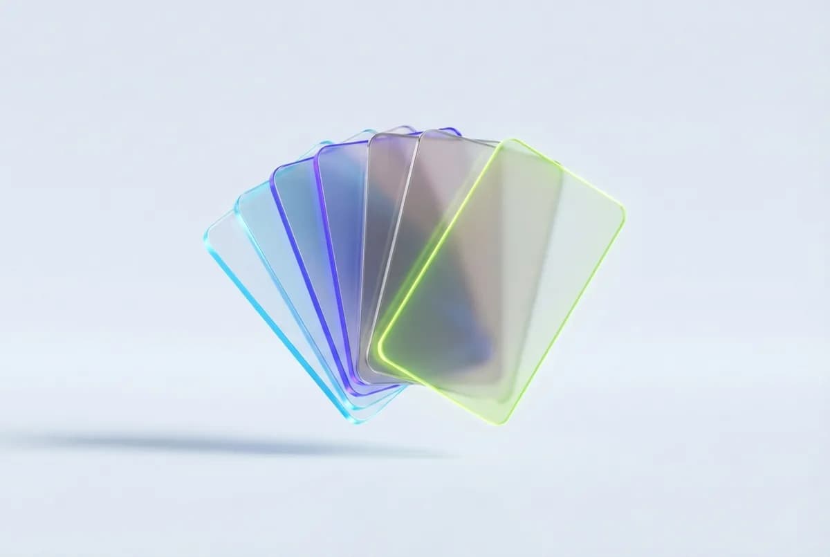 A fanned deck of translucent glass cards, each a different buyer question