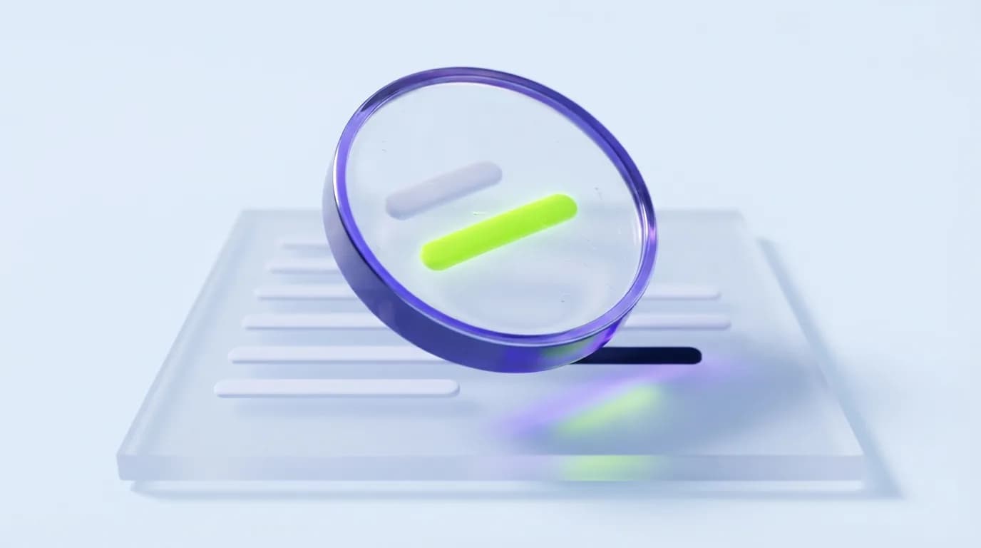 A thick glass lens magnifying one glowing line inside a pale document panel