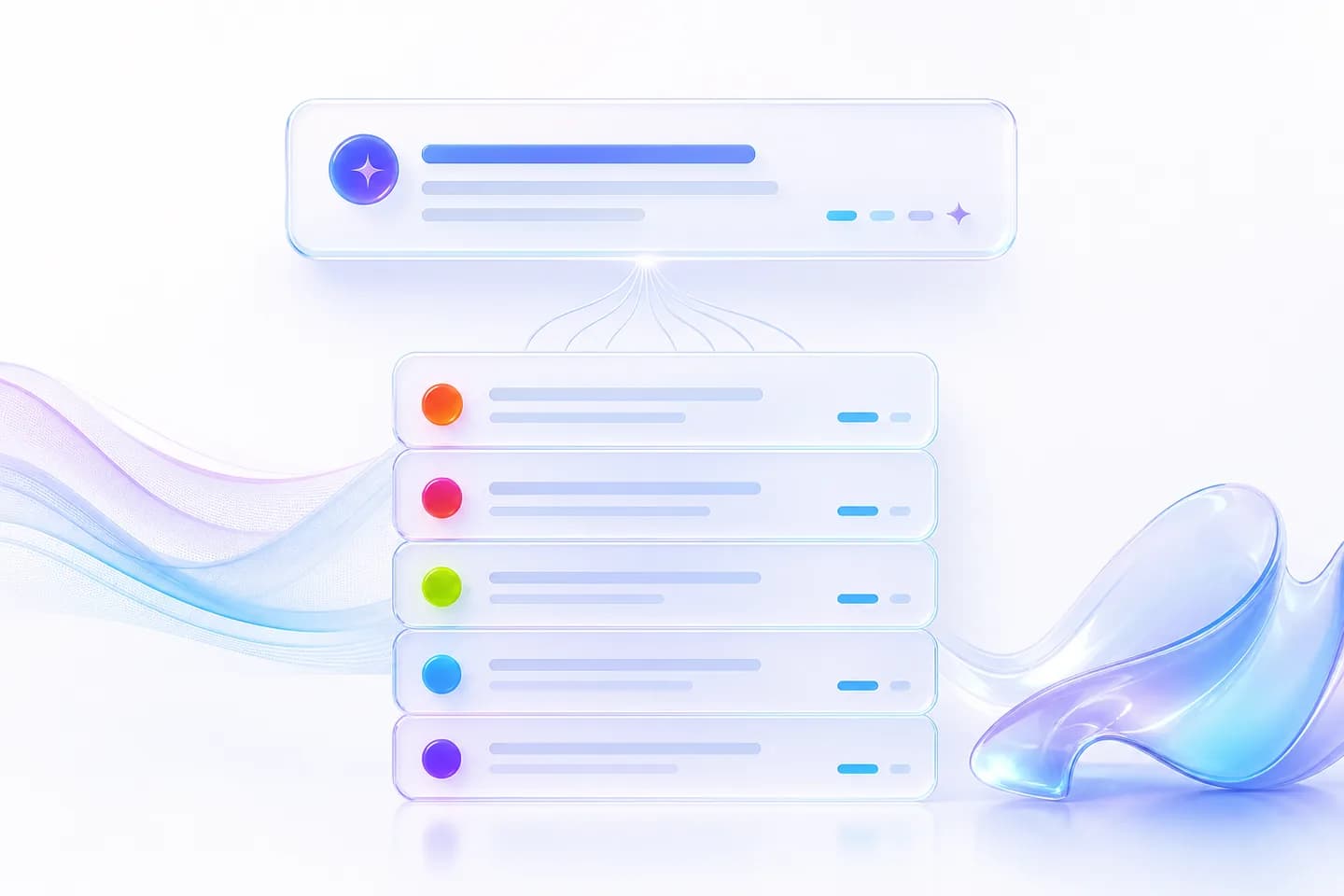 Five translucent glass cards stacked vertically, each linked by thin light threads to one glowing answer card above them